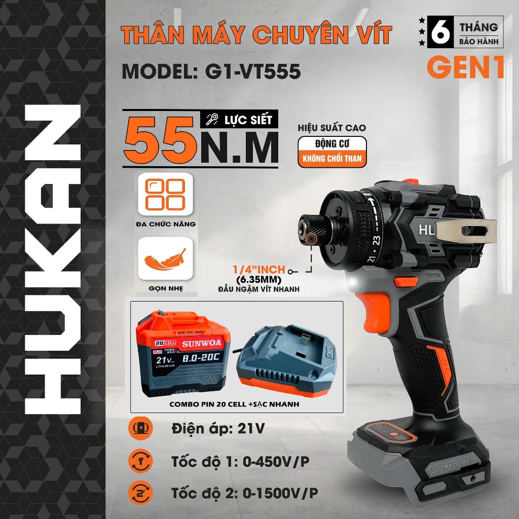 Máy chuyên vít trượt HUKAN G1-VT555, 23 cấp trượt, Chân pin phổ thông M21, Lực siết 55NM