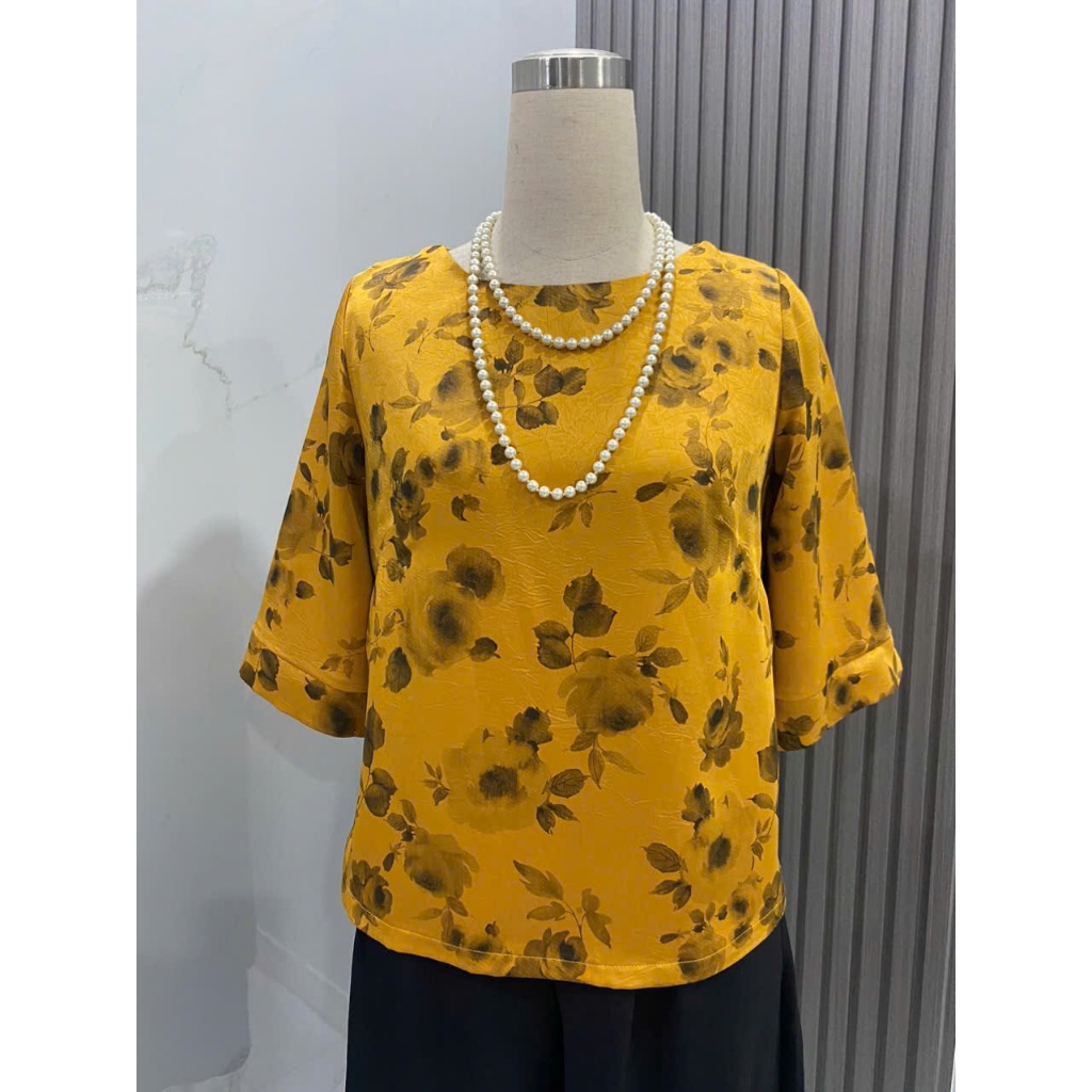 Afania Fashion Áo Lụa Dubai Hoa Hồng màu Vàng, Áo lụa trung niên cao cấp tặng Mẹ có bigsize