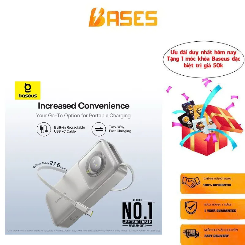 Pin dự phòng Baseus 65W 20000mAh / 10000mAh kèm Cáp TYPE-C / Lightning, tích hợp cáp rút