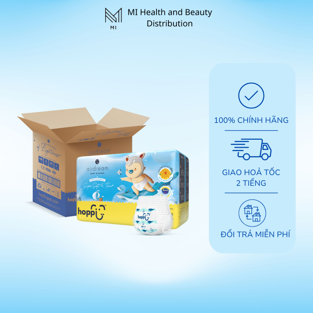 Thùng 4 Gói Bỉm Quần Hoppi Airdream Siêu Mỏng Nhẹ – Size M/L/XL/XXL – Cho Bé 6–25kg