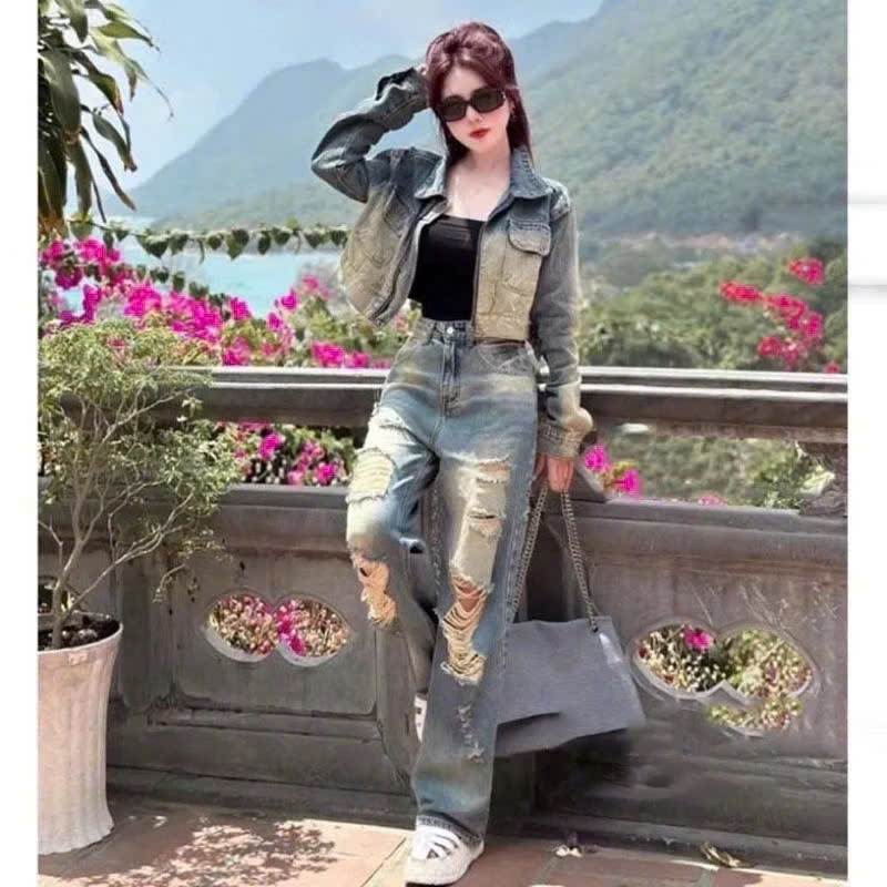 Set tk Jean Quảng Châu 3 món, Áo lót trong kèm áo sơ mi tay dai cổ bẻ + quần suông Jean rách siêu ph