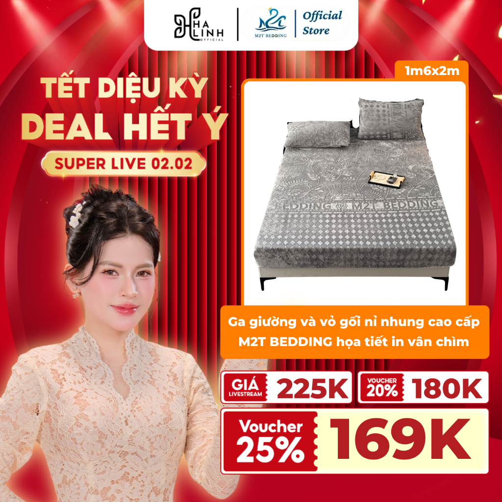 [Võ Hà Linh x M2T] Ga giường và vỏ gối nỉ nhung cao cấp M2T BEDDING họa tiết in vân chìm sang trọng 