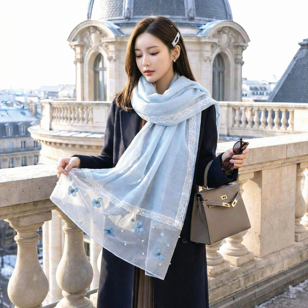 Khăn choàng tơ tằm HUMI quàng nữ cao cấp phụ kiện phối đồ sang trọng chất tơ voan mềm mịn tươi mát