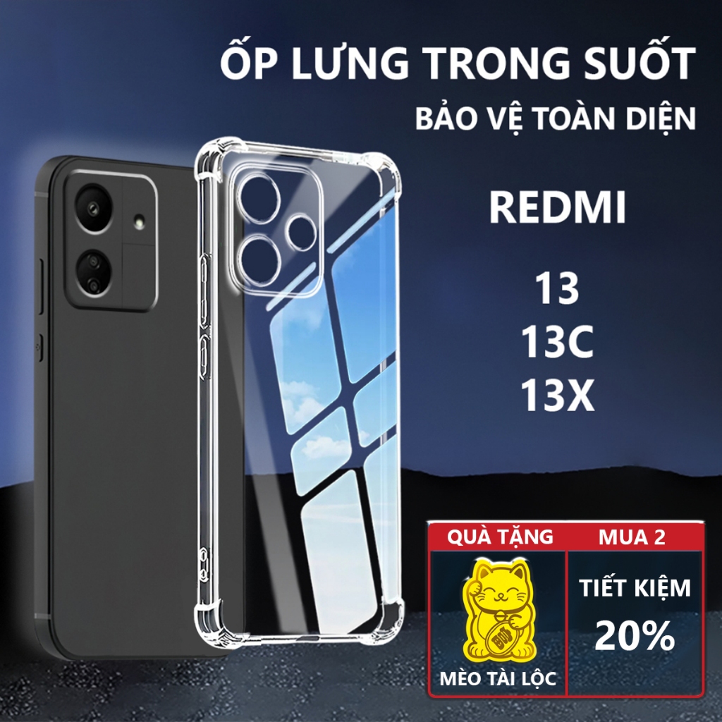 Ốp lưng Redmi 13/ 13C/ 13X chống sốc, trong suốt, silicon, bảo vệ camera-Pancase