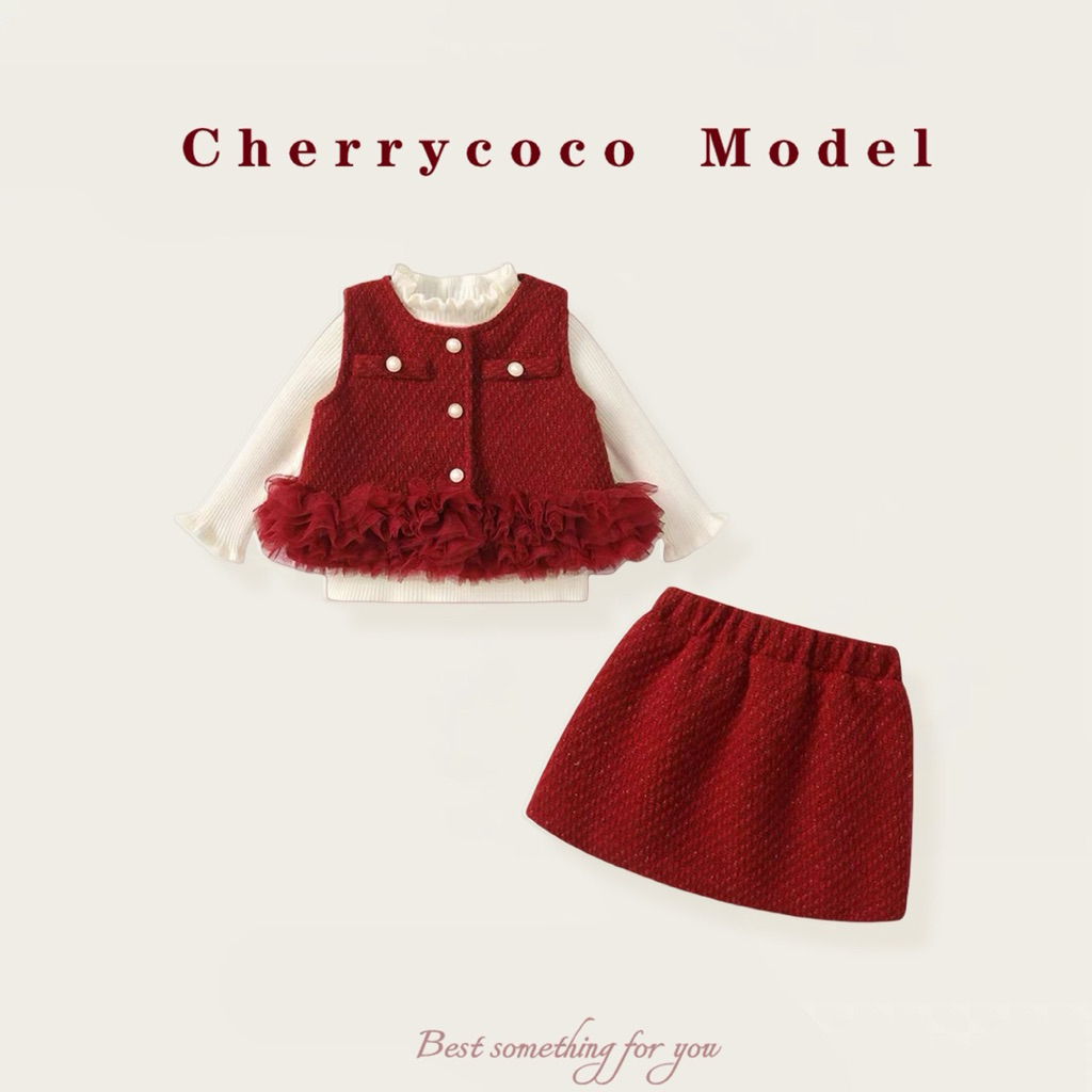 (Có Hồng) Set Cherrycoco Model tweed đỏ đô – áo gile viền voan + chân váy