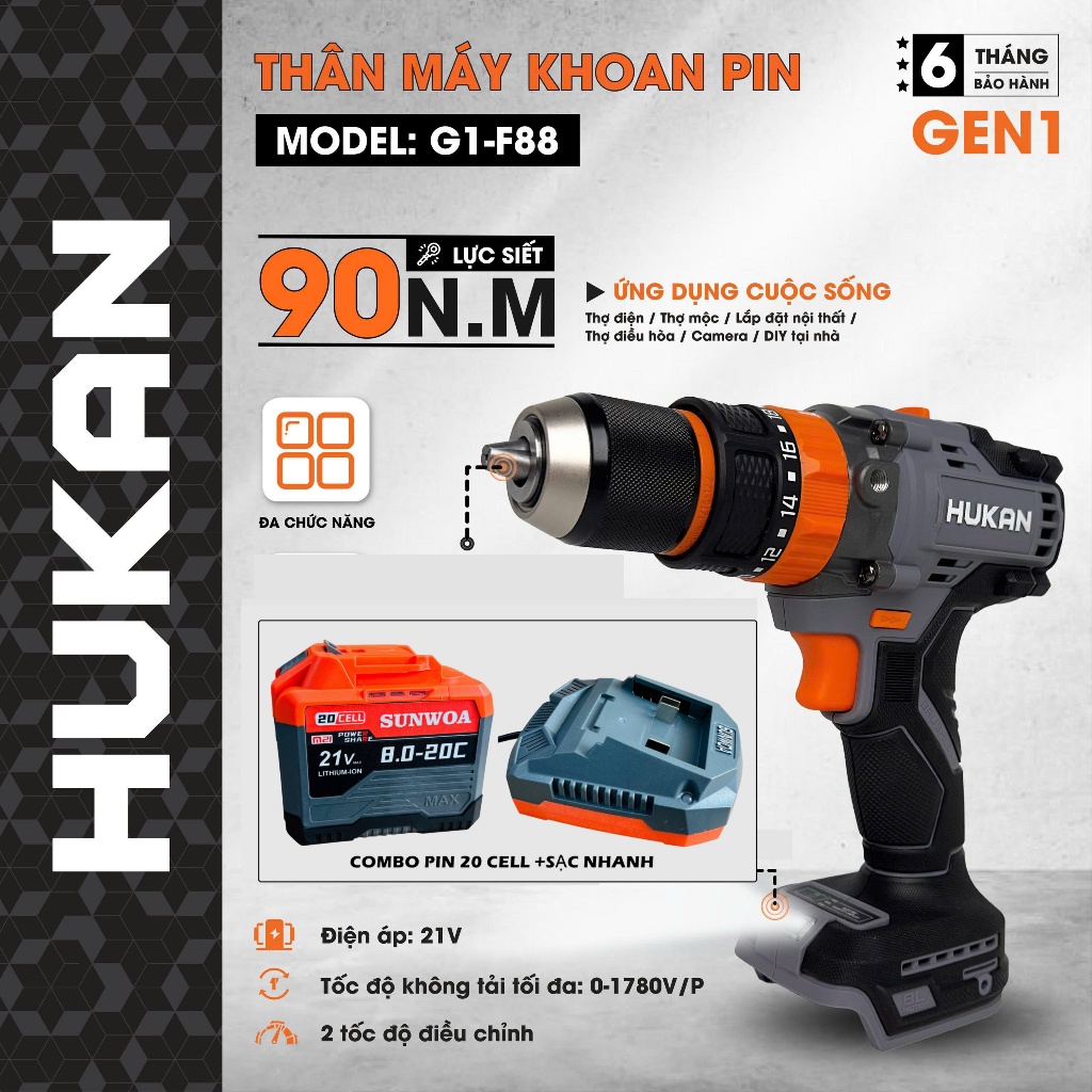 Máy Khoan Pin HUKAN G1-F88, Lực siết 90NM, Đầu Autolock 13MM, Chân pin phổ thông