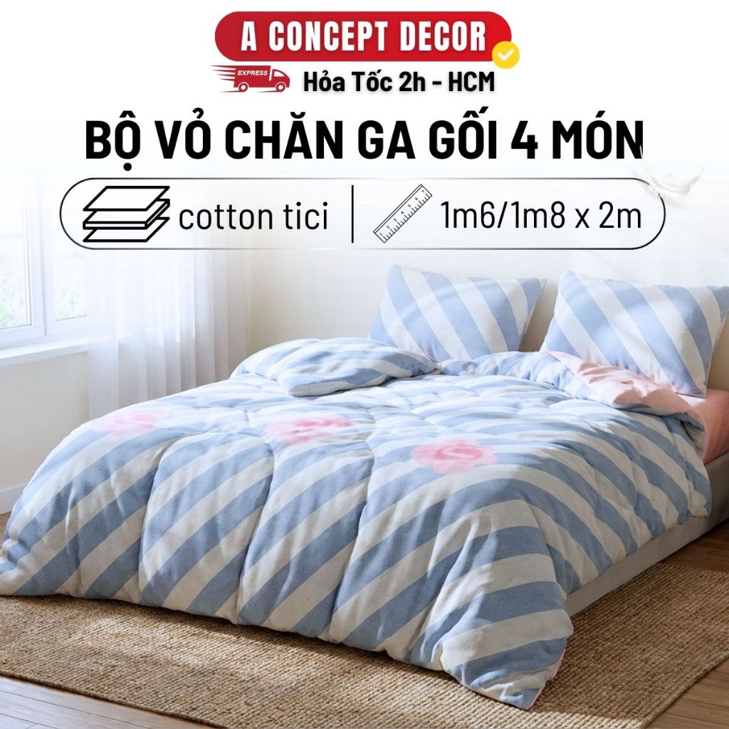 Bộ Chăn Ga Gối Mùa Hè A Concept Decor Cotton Tici Pastel Mỏng Nhẹ Thoáng Khí Vỏ Chăn Ga Gối Đa Dạng 