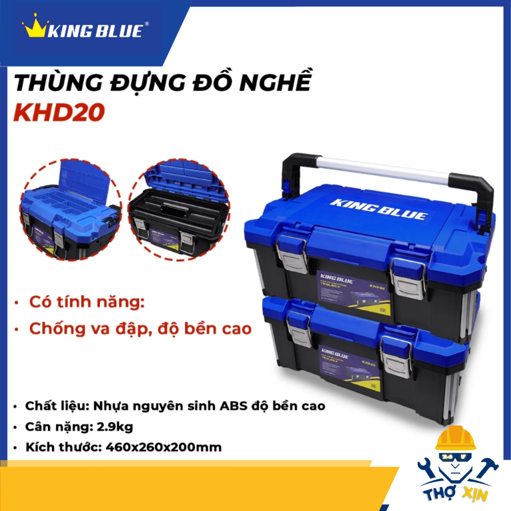 KINGBLUE - Thùng đựng đồ nghề KHD20 Nhựa ABS Chống nước, Chống va đập, Không gian rộng