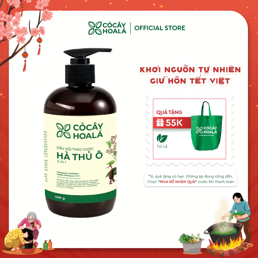 (Tặng túi)Dầu gội thảo dược Hà Thủ Ô 2in1 Cỏ Cây Hoa Lá 450g giúp giảm rụng tóc, dưỡng tóc chắc khỏe