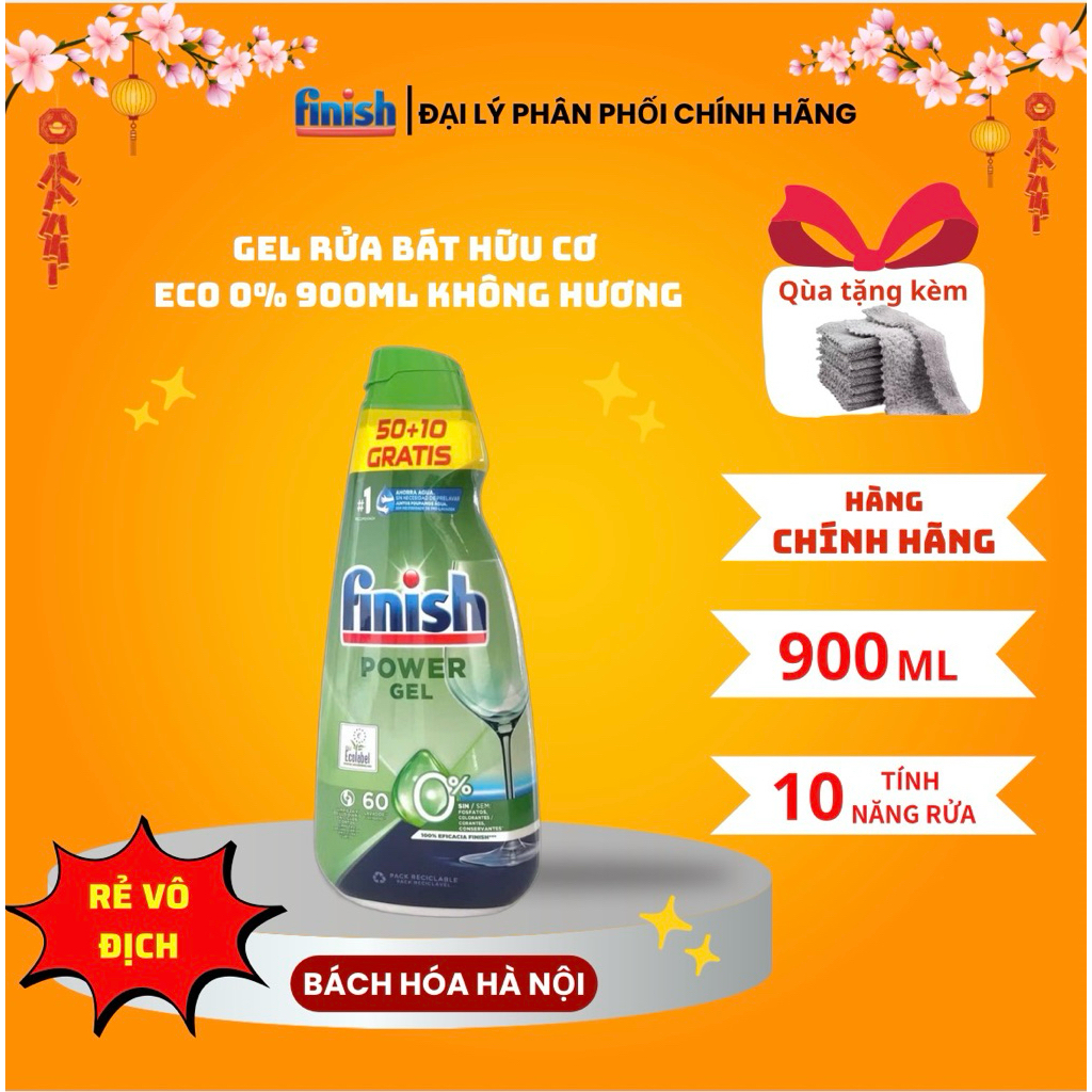 Gel máy rửa bát Finish Power Eco 0% 900ML và Dầu bóng Finish Eco 400ml, túi 45 viên Ultimate Eco