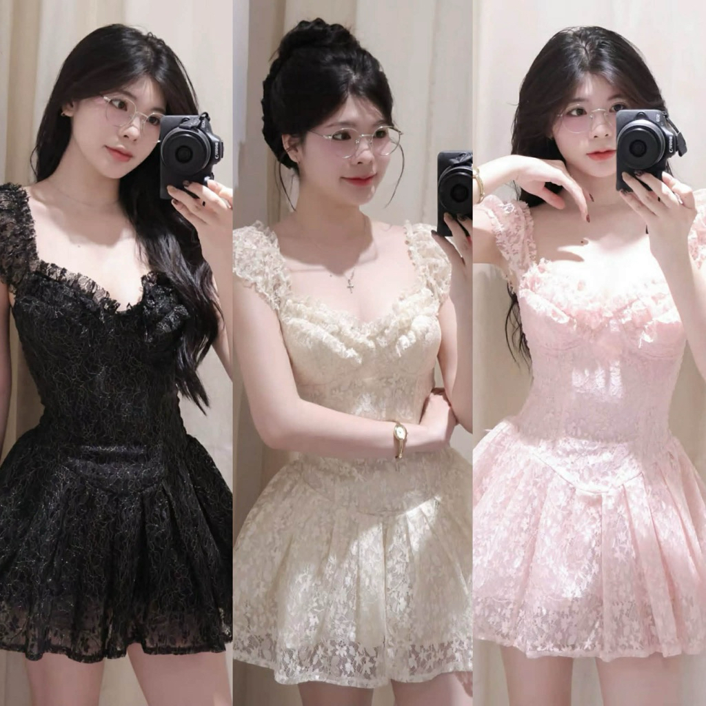 [BÈO BÉO BIGSIZE ] VÁY REN HOA NHÍ ÁNH NHŨ DÁNG NGẮN XOÈ TẦNG BỒNG TAY BO FORM BIGSIZE 60-90KG | BigBuy360 - bigbuy360.vn