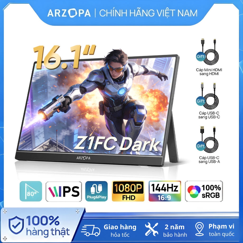 Màn Hình Di Động ARZOPA Z1FC 16.1" 144Hz IPS FHD | 106% sRGB | USB-C HDMI | Chính Hãng | Hỏa Tốc