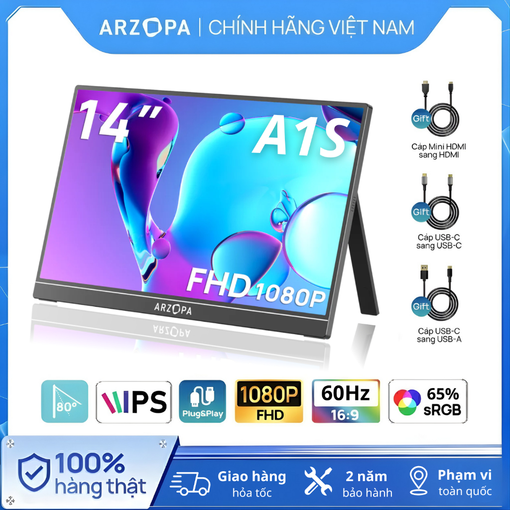 Màn Hình Di Động ARZOPA A1S 14" IPS FHD | HDR | Loa Kép | USB-C Mini HDMI | Chính Hãng | Hỏa Tốc