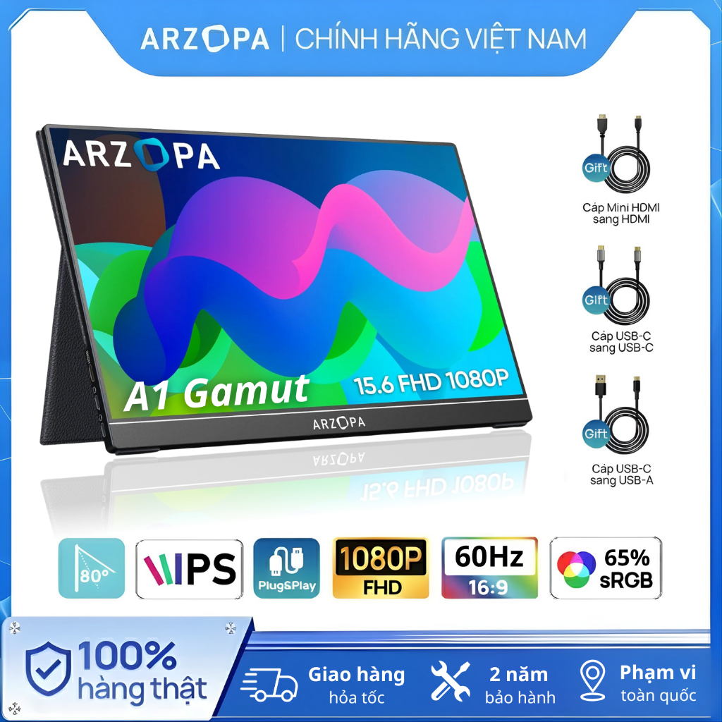 Màn Hình Di Động ARZOPA A1 Gamut 15.6" IPS FHD | HDR10 | Bao Da | USB-C HDMI | Chính Hãng | Hỏa Tốc