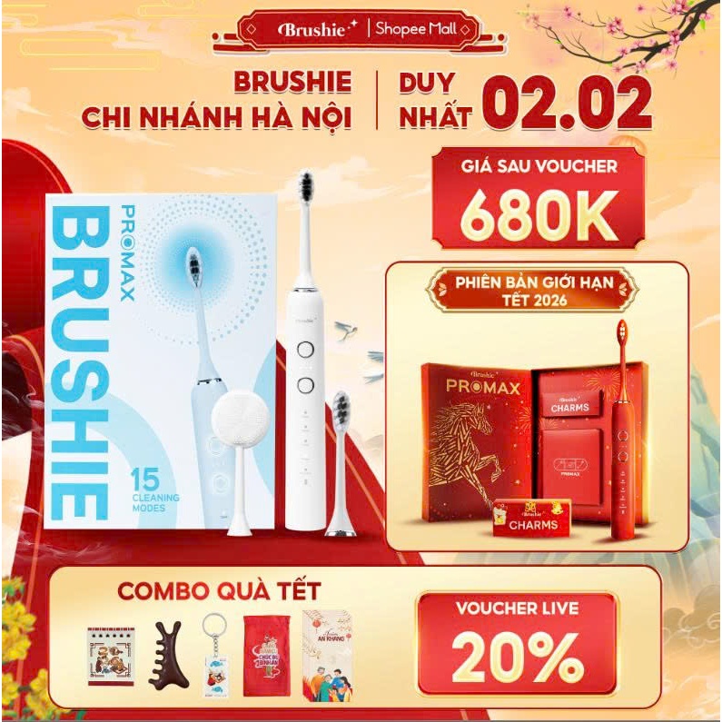 [SĂN 649K TẠI LIVE SHOP]  Bàn chải điện Brushie Promax phiên bản nâng cấp 2026, 15 chế độ làm sạch c