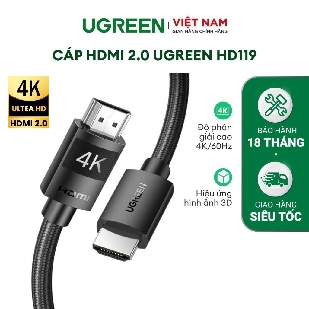 Dây Cáp HDMI 2.0 độ phân giải cao 4K/60Hz dây bọc nylon chính hãng Ugreen HD119 - Bảo Hành 24 Tháng