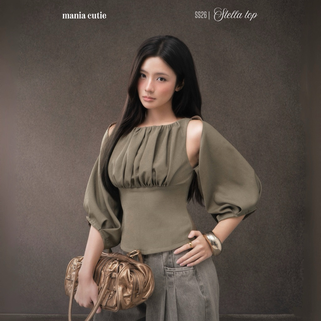 Stella top | Áo kiểu nhún cut out tay bồng | Mania Cutie