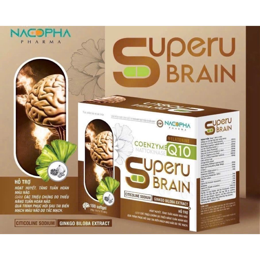Viên uống bổ não Superu Brain. Ginkgo, Citicoline, Coenzym Q10, tăng lưu thông, tiền đình, đau mỏi v