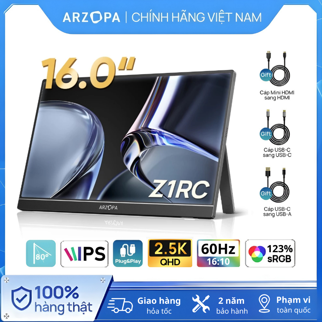 Màn Hình Di Động ARZOPA Z1RC 16" 2.5K IPS | 500 Nits | 100% sRGB | USB-C HDMI | Chính Hãng |Hỏa Tốc