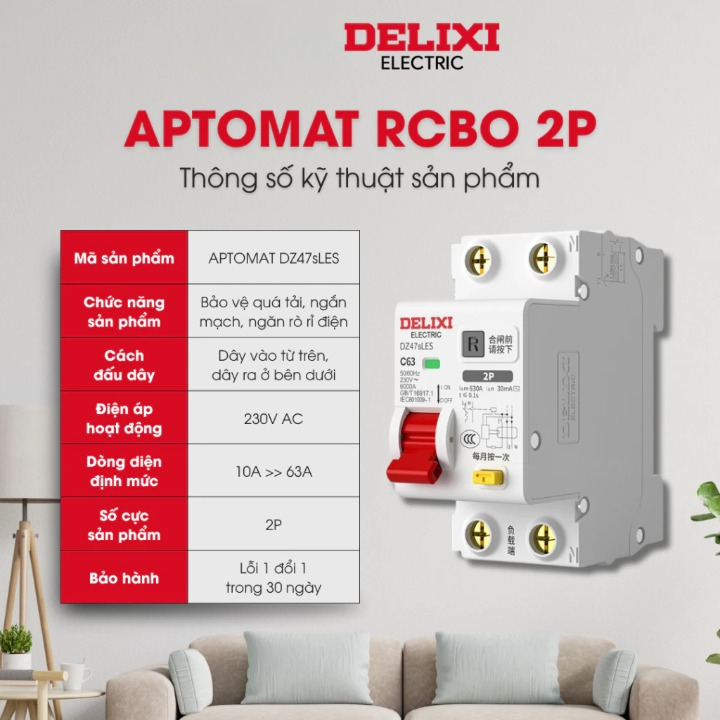 RCBO Aptomat chống giật, chống rò, chống quá tải DZ47sLES Loại 2p ngắt cả pha lửa và pha mát