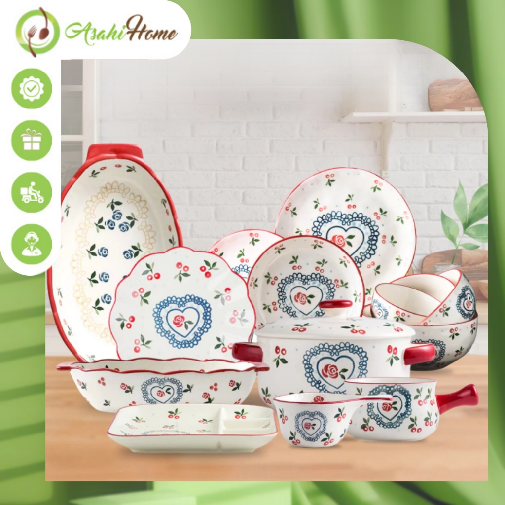 Bộ bát đĩa lẻ món trong bộ sưu tập Cherry-Rose cao cấp ASAHI HOME, set đồ bàn ăn nhiều chi tiết