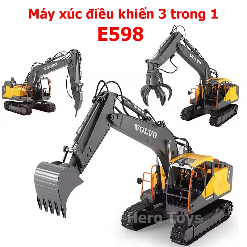 Máy Xúc Điều Khiển Từ Xa Volvo EC160E Double E E598 1:16 – Bánh Xích, Gầu Kim Loại, Pin 1200mAh, 2.4