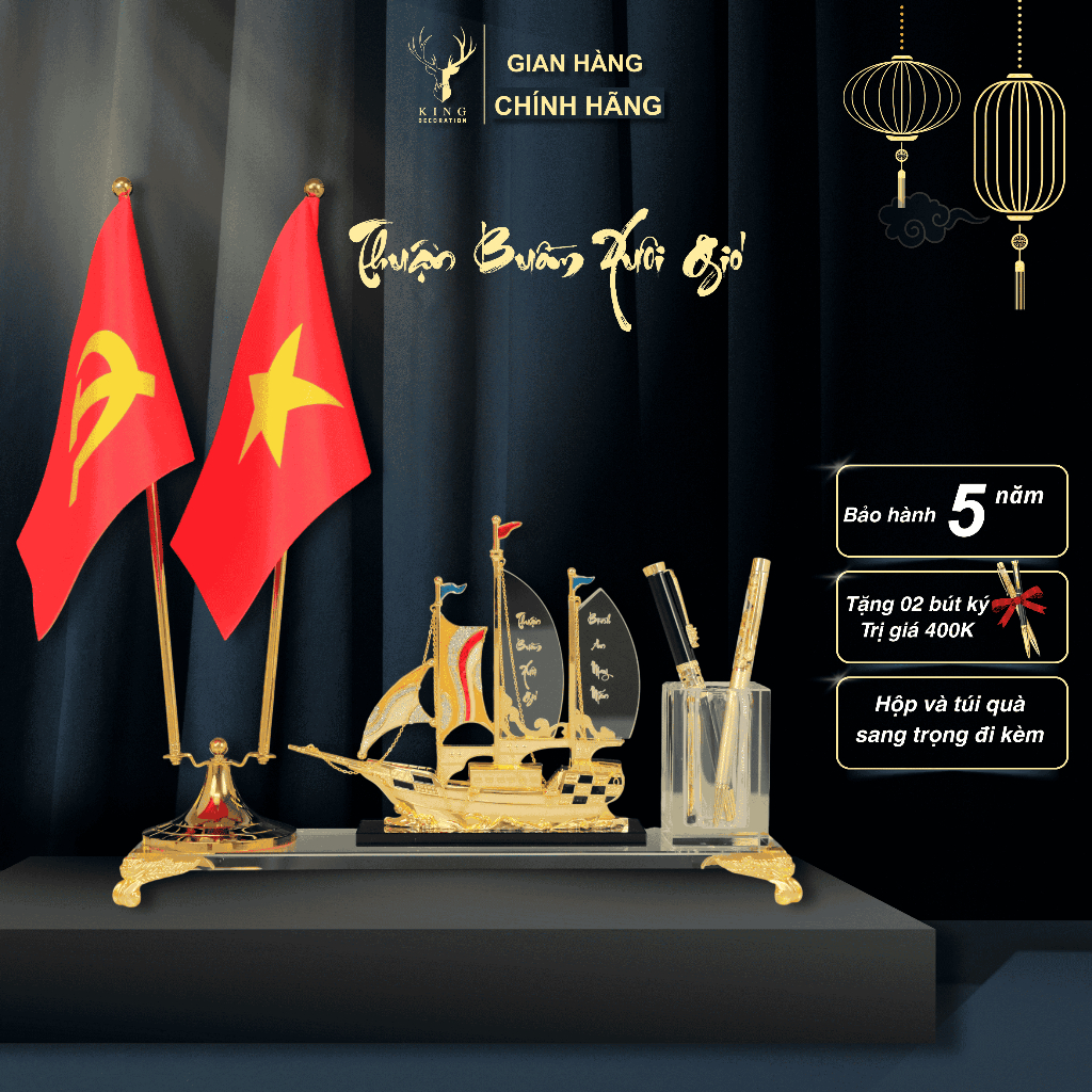 Hộp Cắm Bút Doanh Nhân Thuyền Tài Lộc Đính Đá 2 cờ , Chất Liệu Đồng Mạ Vàng Và Pha Lê K9, Quà Tặng D