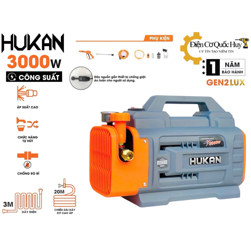 Máy rửa xe Hukan-R9 Gen2 lux công suất 3000w có chỉnh áp tặng dây xịt 15m trang bị công tắt chống gi