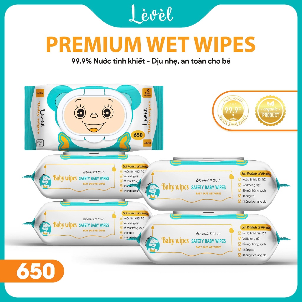 [Combo 30 Bịch ] Thùng Khăn Ướt LEVEL Gâu 450gr, Khăn Ướt Cho Bé Giá Rẻ Dạng Khổ Lớn Vải Chấm Bi, Không Mùi