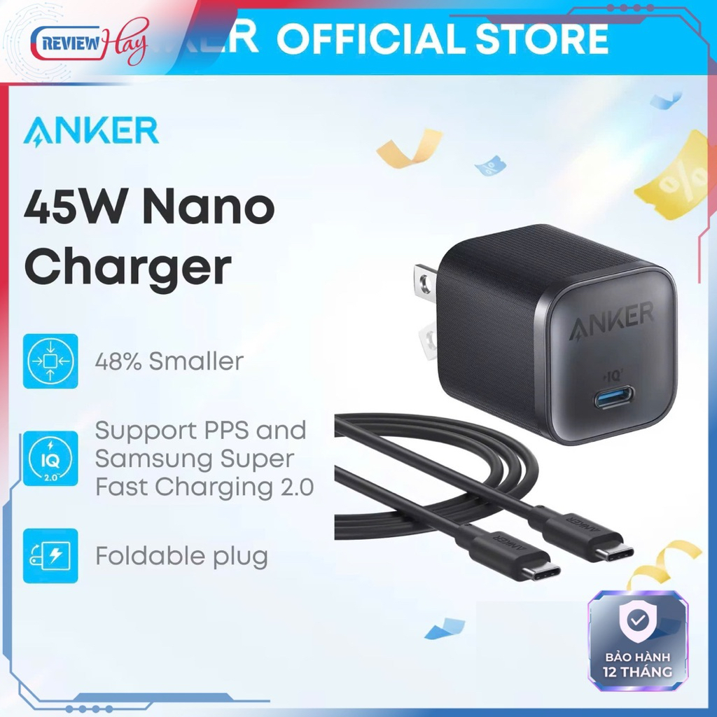 Bộ Sạc Nhanh Anker Nano B2692 - 45W - Kèm Dây Sạc C to C 1.8M 100W - PPS 5A - Siêu Nhỏ Gọn