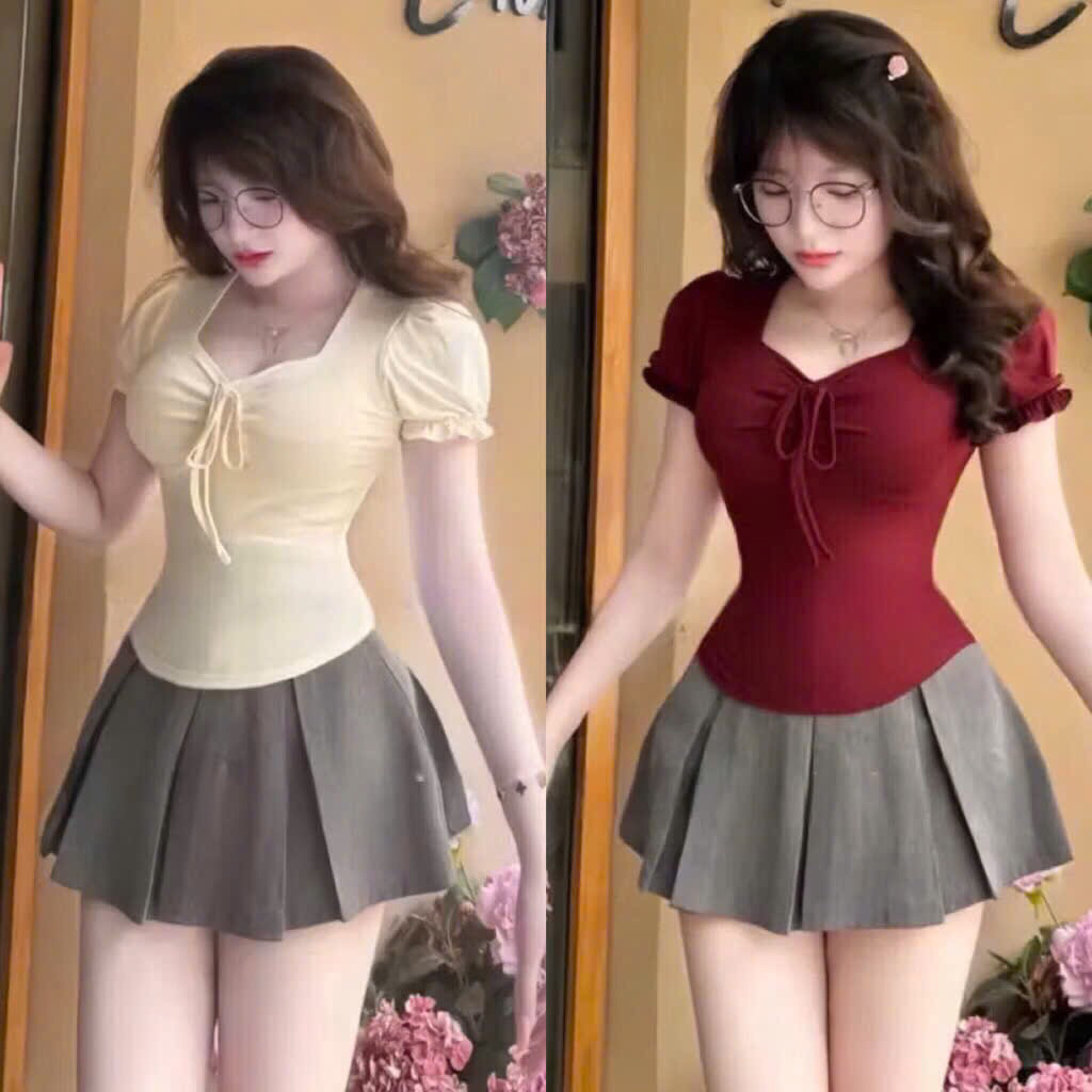 Áo thun nhún ngực - có BIGSIZE - áo cổ vuông chun eo ôm dáng dễ thưn A301 | BigBuy360 - bigbuy360.vn