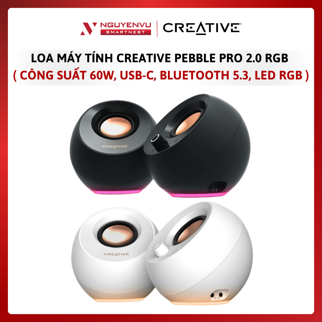 Loa máy tính Creative Pebble Pro 2.0 RGB - Công suất 60W, USB-C, Bluetooth 5.3, LED Tùy Chỉnh - Hàng