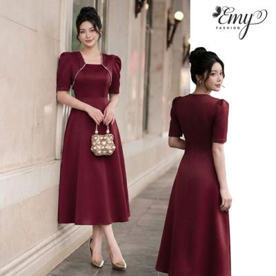 Đầm Thiết Kế EMY Thời Trang Cao Cấp EM9696 Vải Tafta Phi Đỏ Đô Sang Chảnh Đi Tiệc