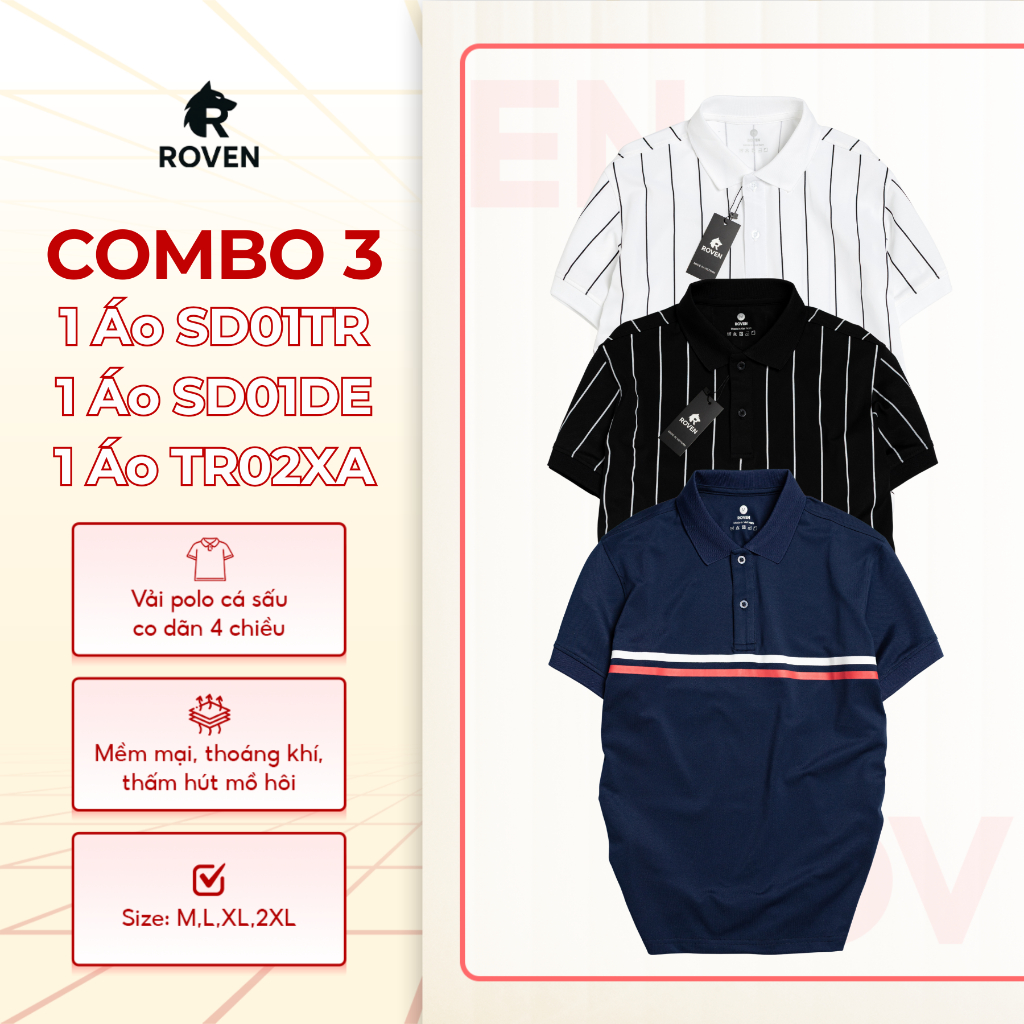Combo 3 áo thun Polo Roven co giãn 4 chiều Trắng sọc đứng SD01TR, Đen sọc đứng SD01DE, Xanh navy trơ