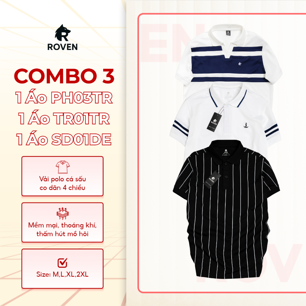 Combo 3 áo thun Polo Roven Cao Cấp Xanh Navy PH03TR, Polo Trắng trơn viền tay TR01TR, Polo Đen sọc đ