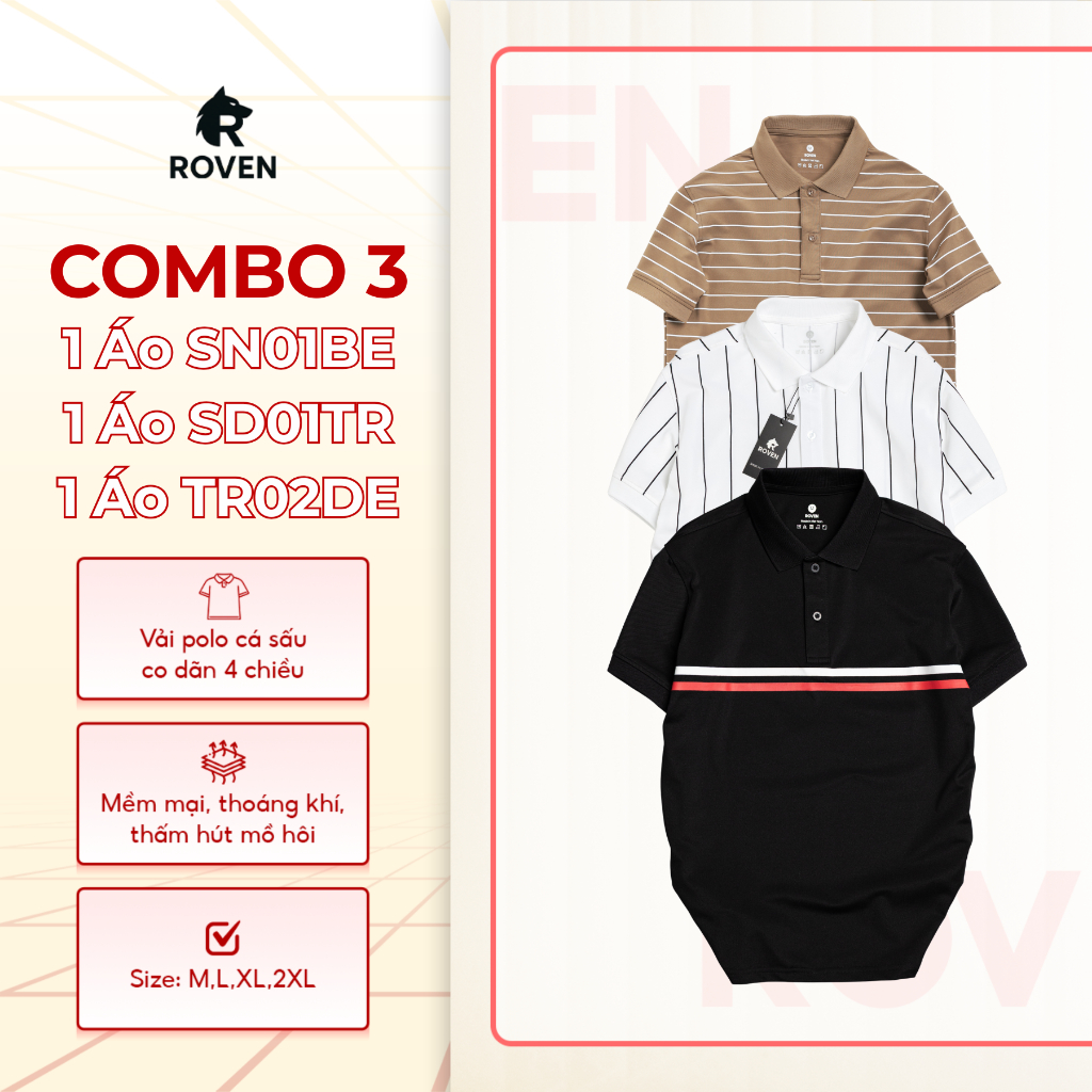 Combo 3 áo thun Polo Roven co giãn 4 chiều Be kẻ ngang SN01BE, Trắng sọc đứng SD01TR, Đen trơn viền 