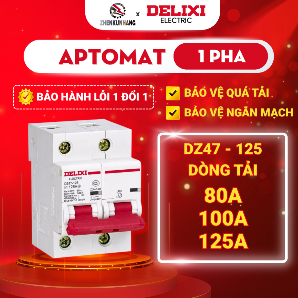 CB đóng ngắt, Aptomat 1 pha 2P 80A/100A/125A DELIXI 400V mã DZ47 - 125 2P li(D) Thương Hiệu DELIXI