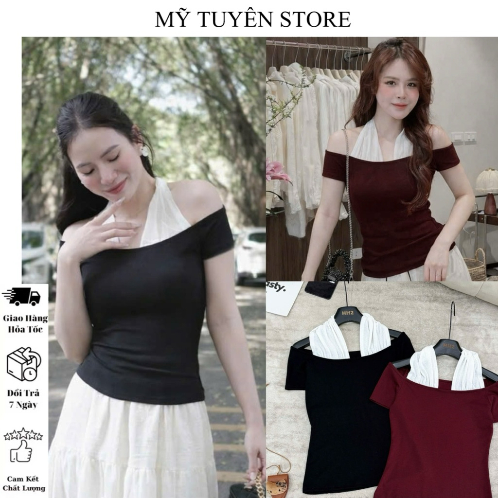 (Mẫu Mới 2026) Áo Thun Phối Yếm Tay Ngắn Trễ Vai Phong Cách Hàn Quốc Xinh-MTS01