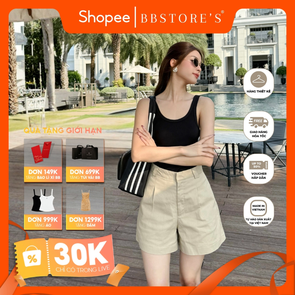 BBSTORE'S Quần Short Kaki Ống Rộng Form Ngắn Lưng Cao Có Bảng Đỉa To - Q3107