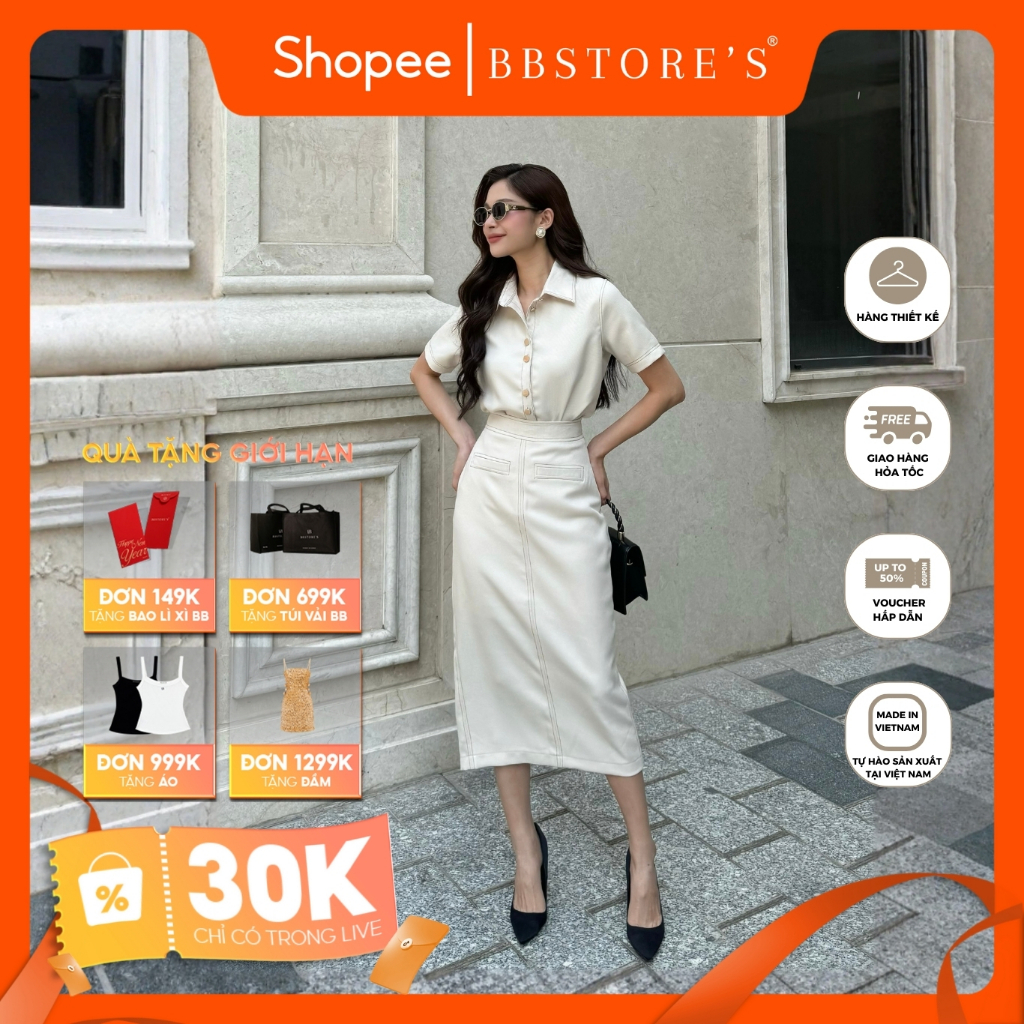 BBSTORE’S Set Áo Sơ Mi Phối Chân Váy Suông Dài Thanh Lịch - K3265