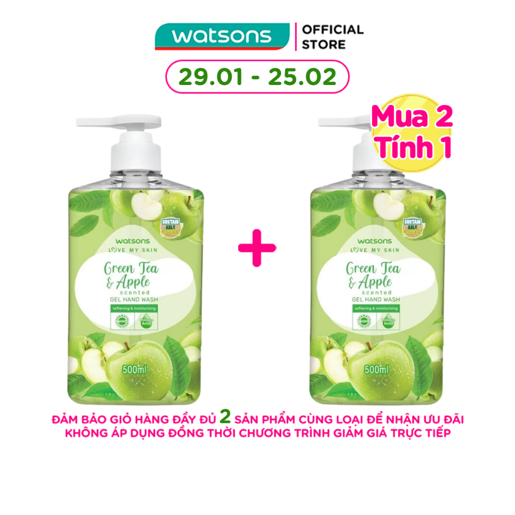 Gel Rửa Tay Watsons Love My Skin Green Tea Apple Scented Gel Hand Wash 500ml