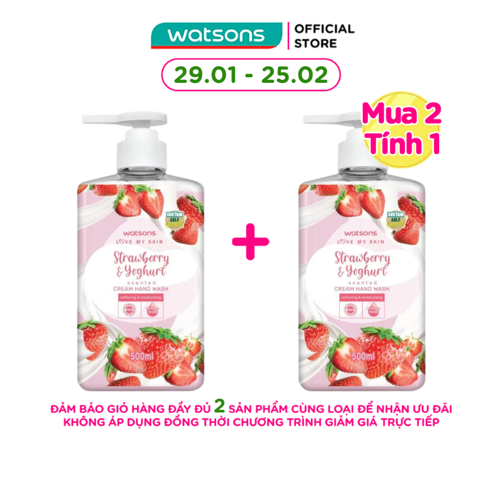 Kem Rửa Tay Watsons Love My Skin Strawberry Yoghurt Scented Cream Hand Wash 500ml