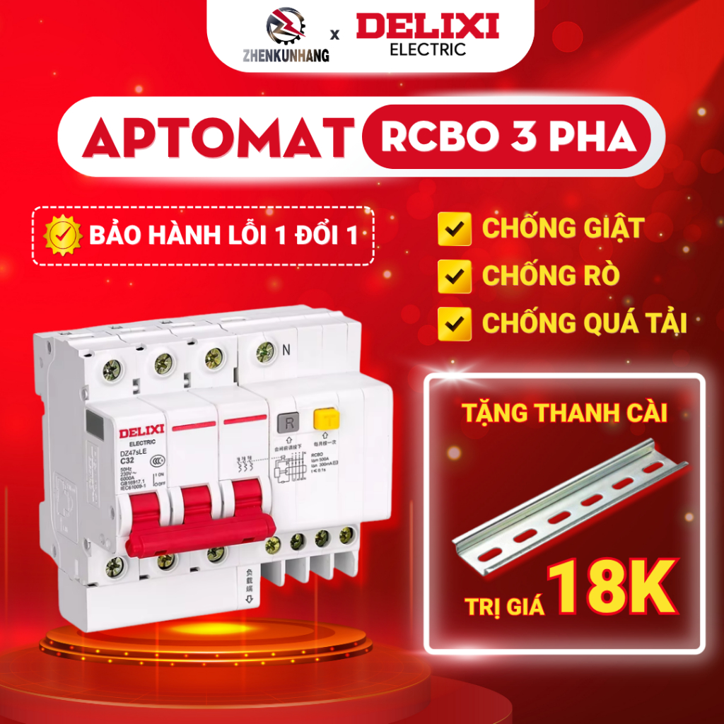 RCBO Aptomat Chống Giật 3 Pha 4 Cực DZ47sLE 3P+N, Cầu dao Chống Quá Tải 10A/16A/20A/32A/40A DELIXI