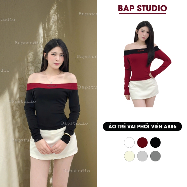 Áo thun trễ vai dài tay thêu chữ chất liệu Cotton mịn BAP Studio - AB86