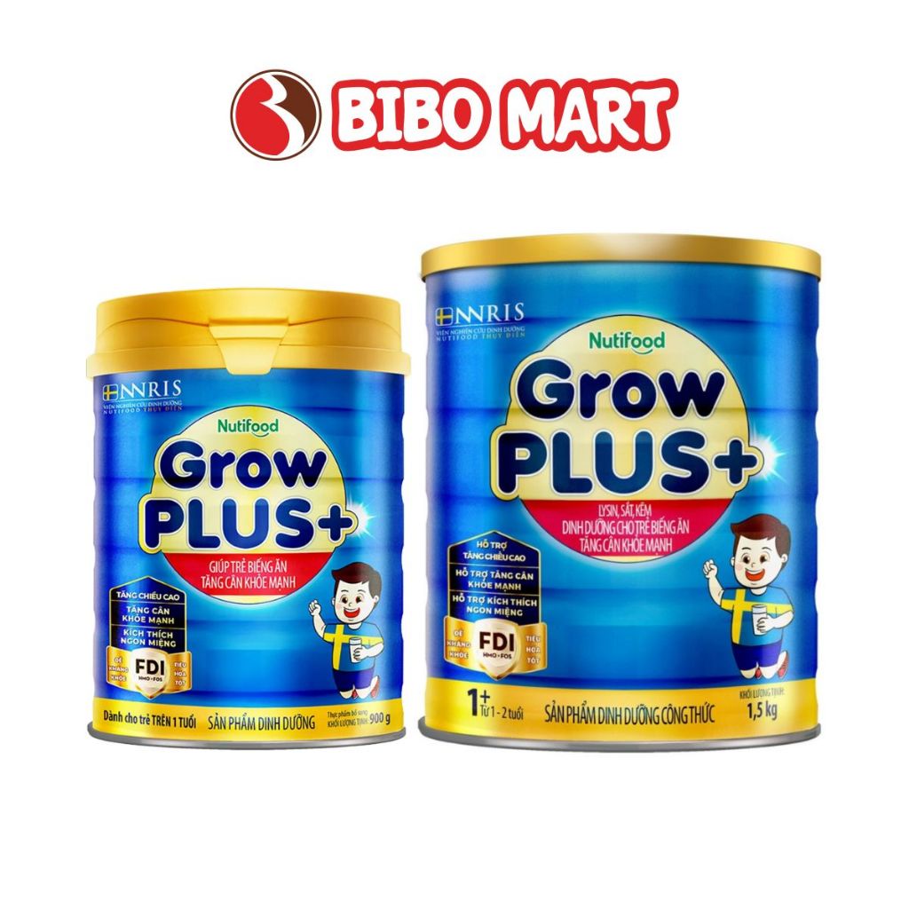 Sữa Bột Nutifood GrowPLUS+ Xanh Cho Bé Biếng Ăn Hỗ trợ Tăng Cân Khỏe Mạnh Lon 900g, 1,5Kg- Bibomart