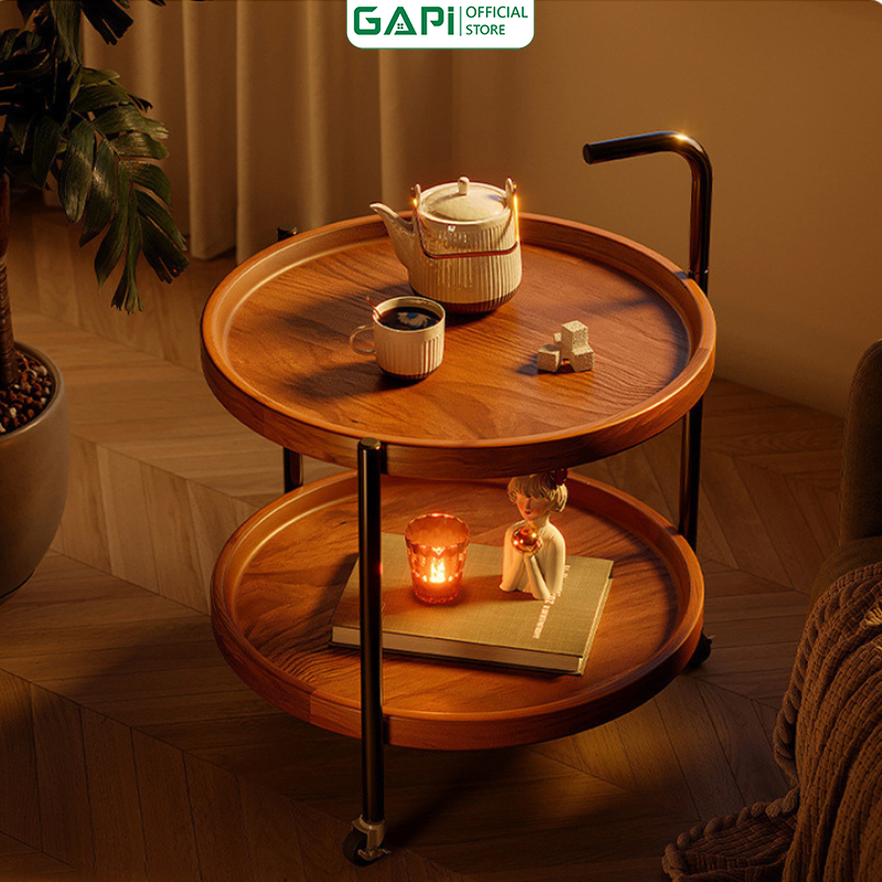 Bàn trà di động 2 tầng chân đen màu óc chó thương hiệu GAPI - GM188