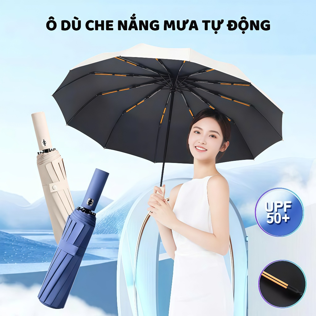 Ô che mưa gấp gọn tự động 12 nan kép, ô dù che mưa nắng mini chống tia UV tự động đóng mở nhỏ gọn - 