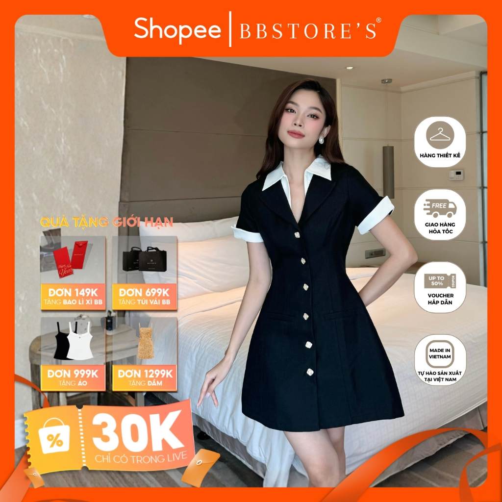 BBSTORE’S Đầm Sơ Mi Chữ A Phối Cổ Trắng Thanh Lịch - D3421