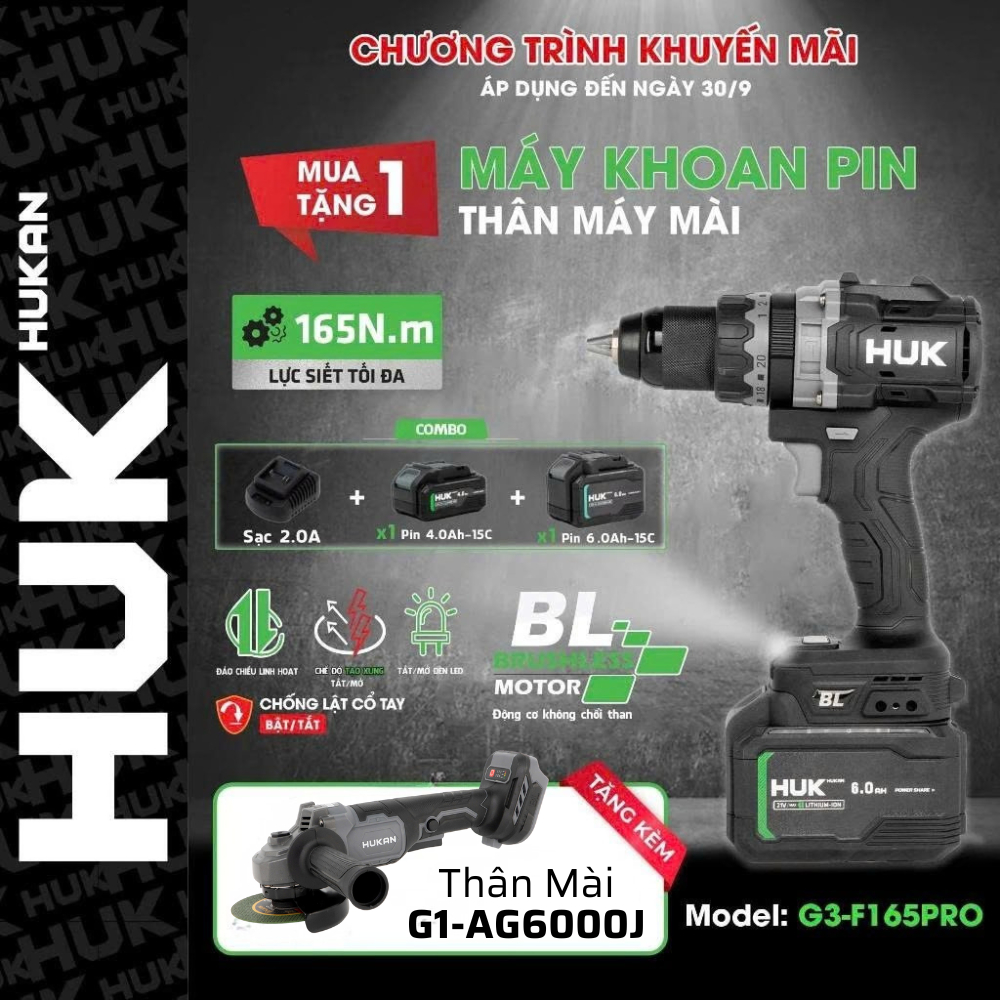 [Tặng mài AG6000J] Khoan Pin HUKAN Gen3 G3-F165PRO, Lực Siết 165N.m - ANTI-KICHBACK - TẠO XUNG
