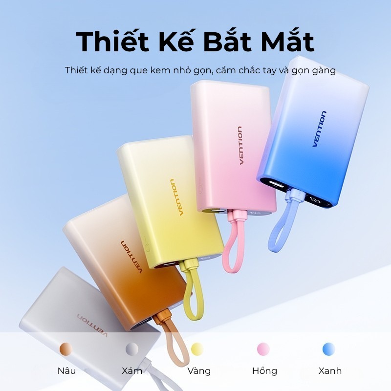 Pin Sạc Dự Phòng 10000mAh 22.5W Vention Tích hợp đèn pin, Hỗ trợ 3 cổng sạc USB-C, USB-A, Light | BigBuy360 - bigbuy360.vn